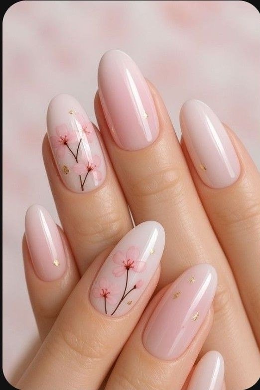 Milky white nails with delicate floral stem art