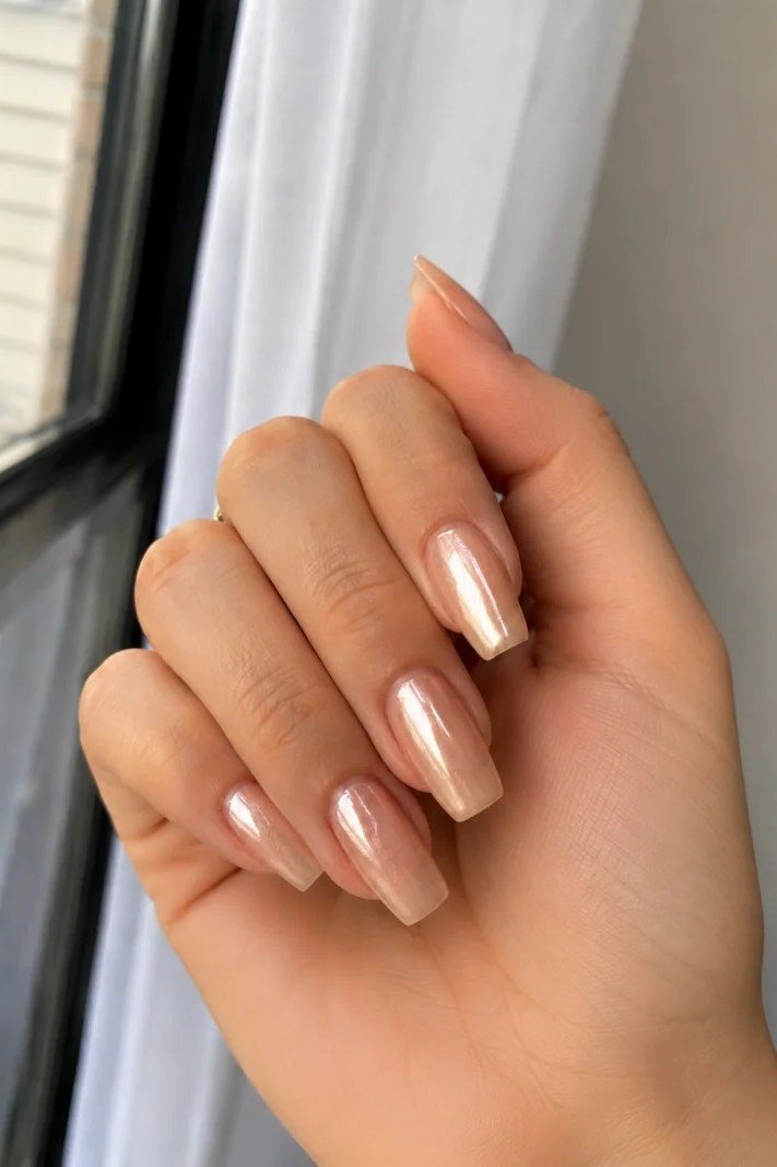 Nude Pink Squoval Nails - flattering nail polish shade that hides veins for women over 50