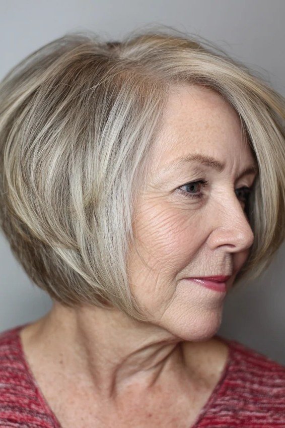 Layered grey bob 3/4 view, red top, short layered bob hairstyle for women over 60