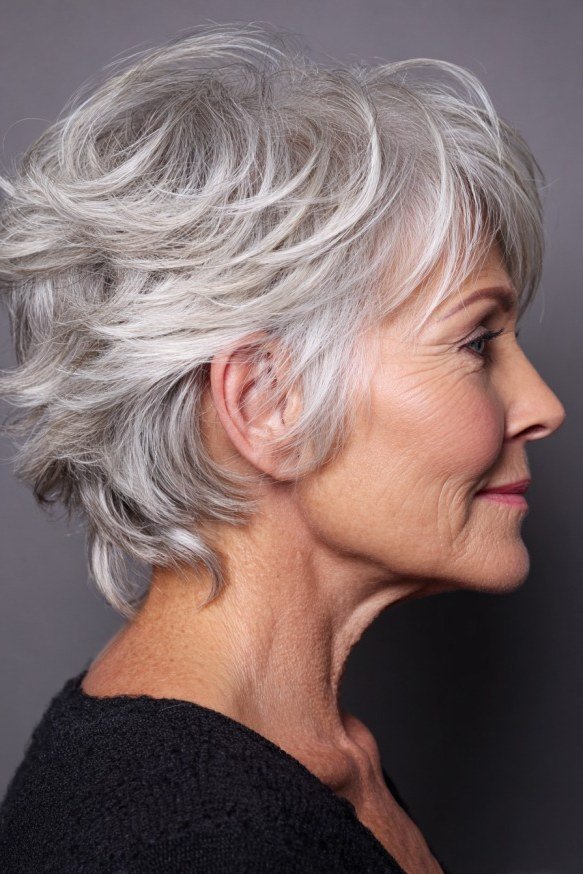 silver tousled layered pixie, side view hairstyle for women over 70