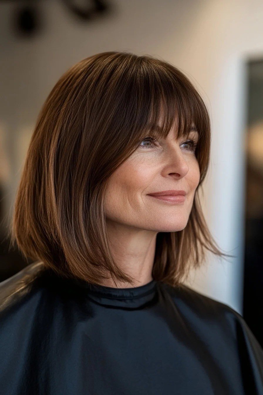 chestnut brown sleek bob with bangs, three-quarter front view, salon for women over 50