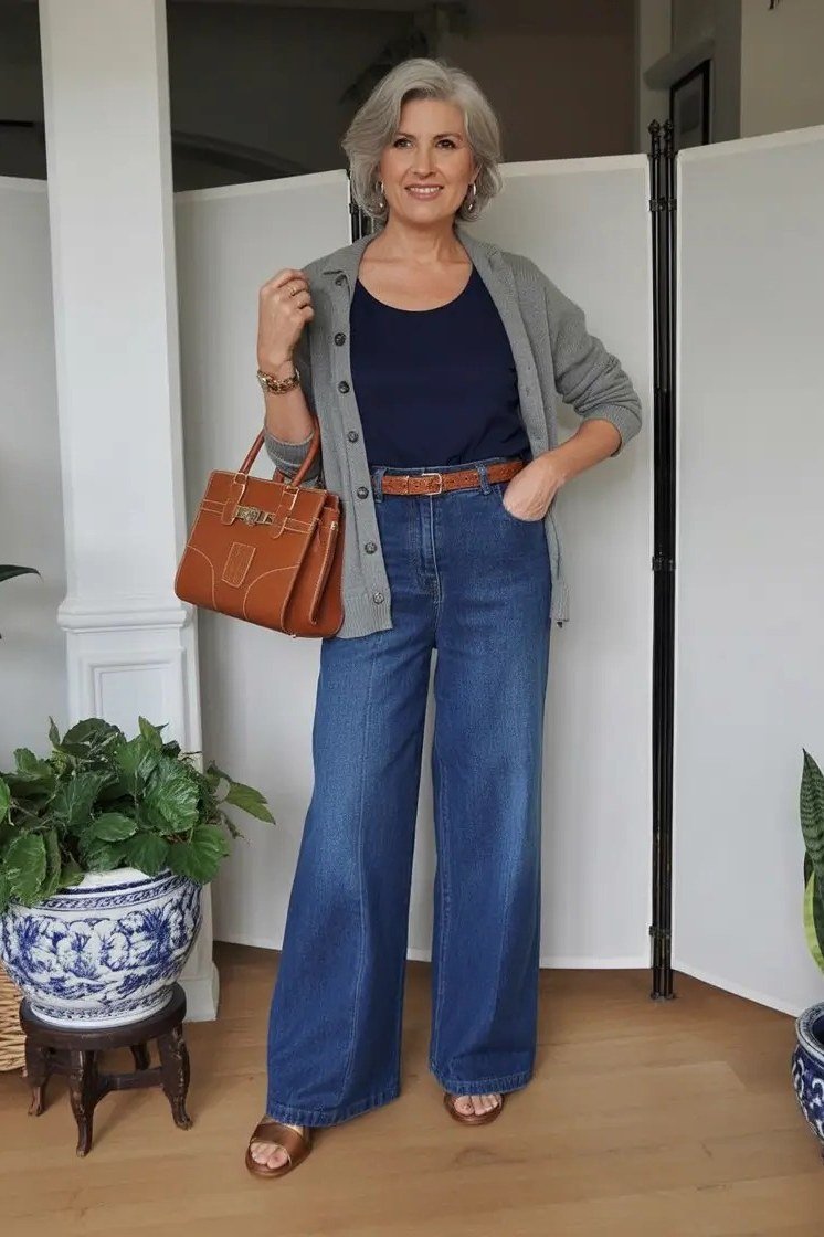 gray cardigan navy top wide leg jeans fall outfit over 50