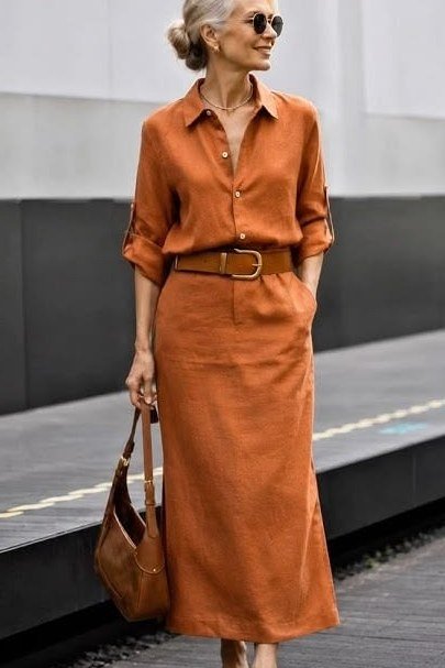 burnt orange shirt dress with belt for women over 60