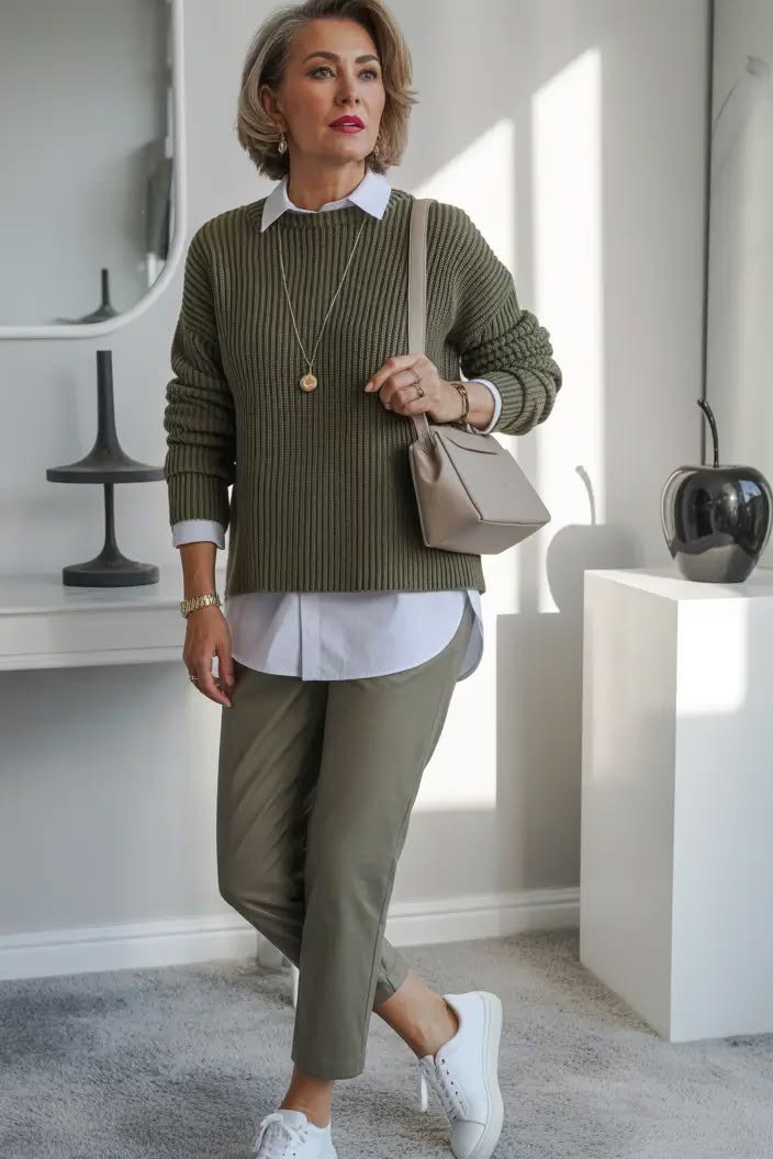 Olive green sweater with olive trousers fall outfit idea for women over 60