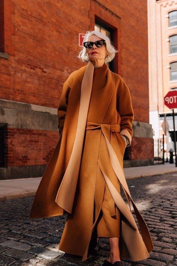 rust wrap coat in monochrome rust for women over 50