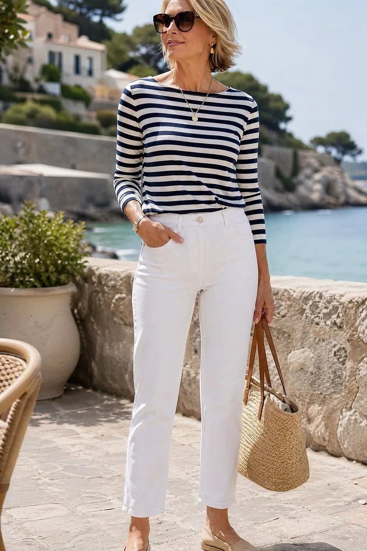 Navy striped Breton top with white cropped pants and a straw bag, seaside weekend outfit for women over 40