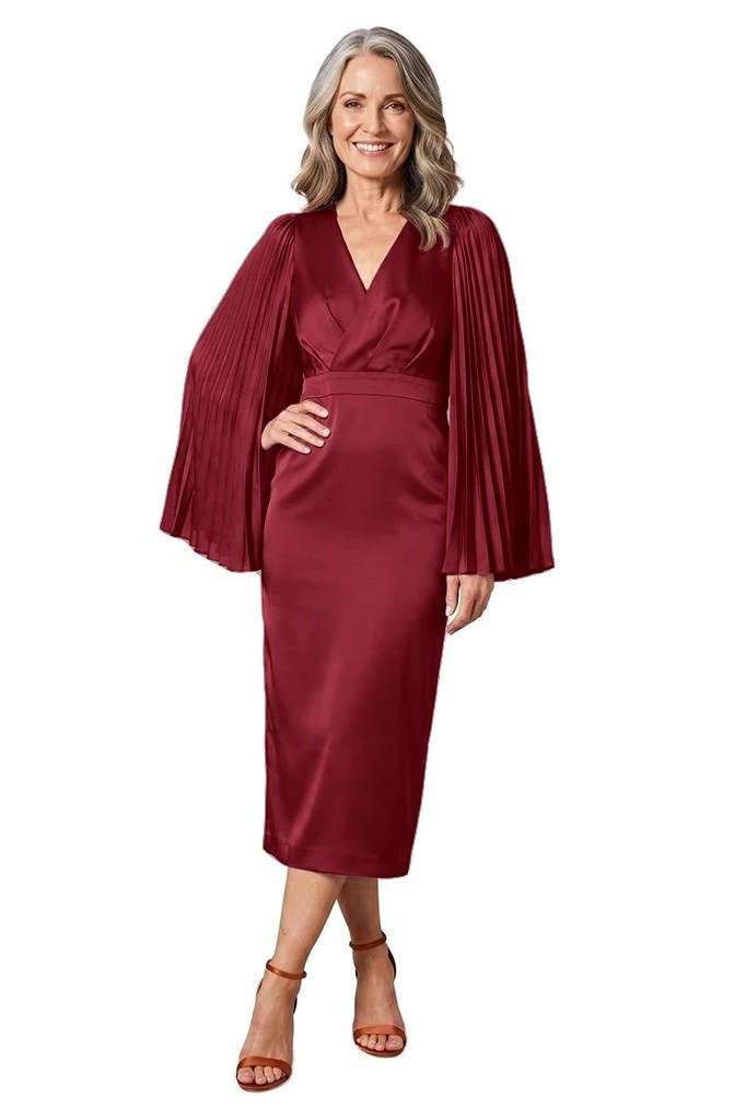 Wine-red pleated wrap midi with bell sleeves for women over 50, fall date night outfit