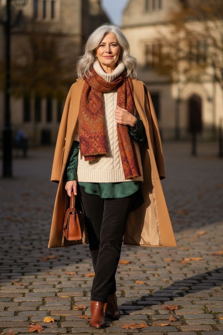 Casual fall outfit for women over 60: grey ribbed cardigan, white tee, dark jeans, white sneakers