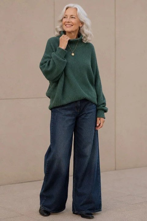 Woman over 60 wearing green sweatshirt, wide dark jeans
