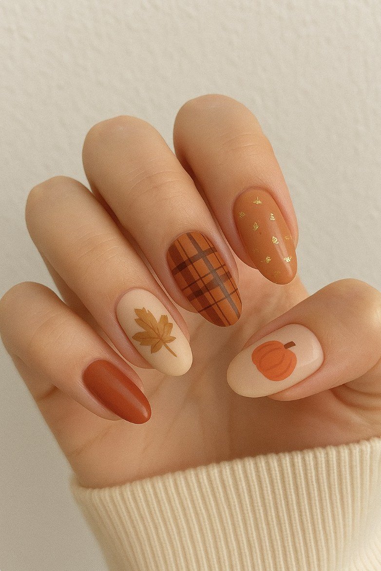 Plaid, pumpkin and maple leaf nail art, fall nail design for older women