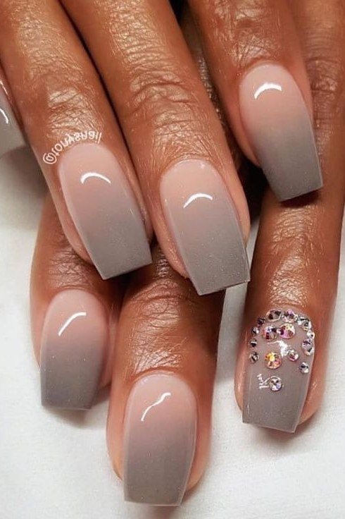 Gray taupe ombre with rhinestone accent nail, long square nails, ombre nail design for women over 60