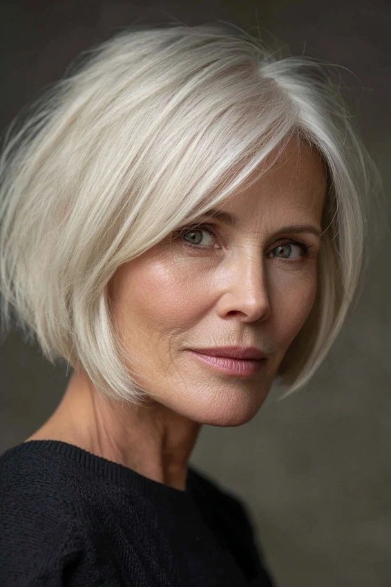Smooth Platinum Blonde Bob, chic bob haircut for women over 50