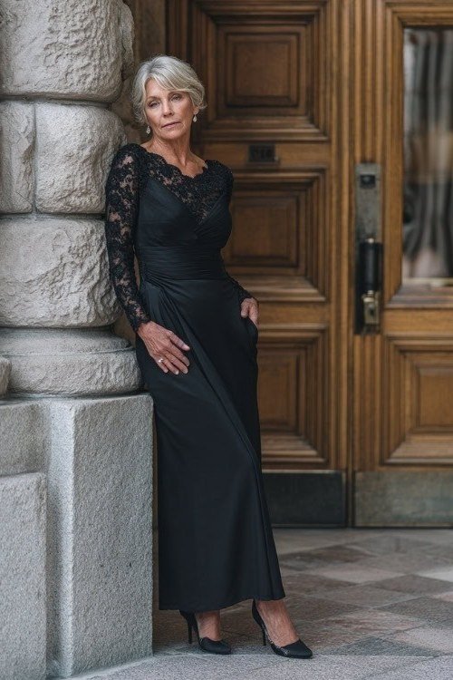 Black Long-Sleeve Lace Gown - evening outfit for women over 60