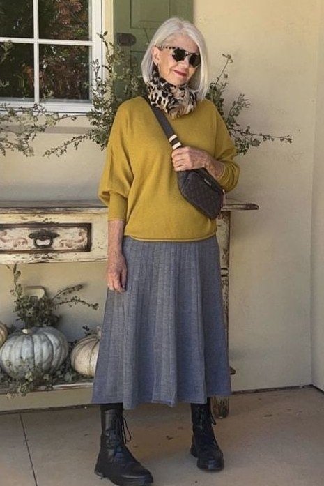 Mustard Sweater and Grey Skirt outfit for women over 70, chic style idea 22