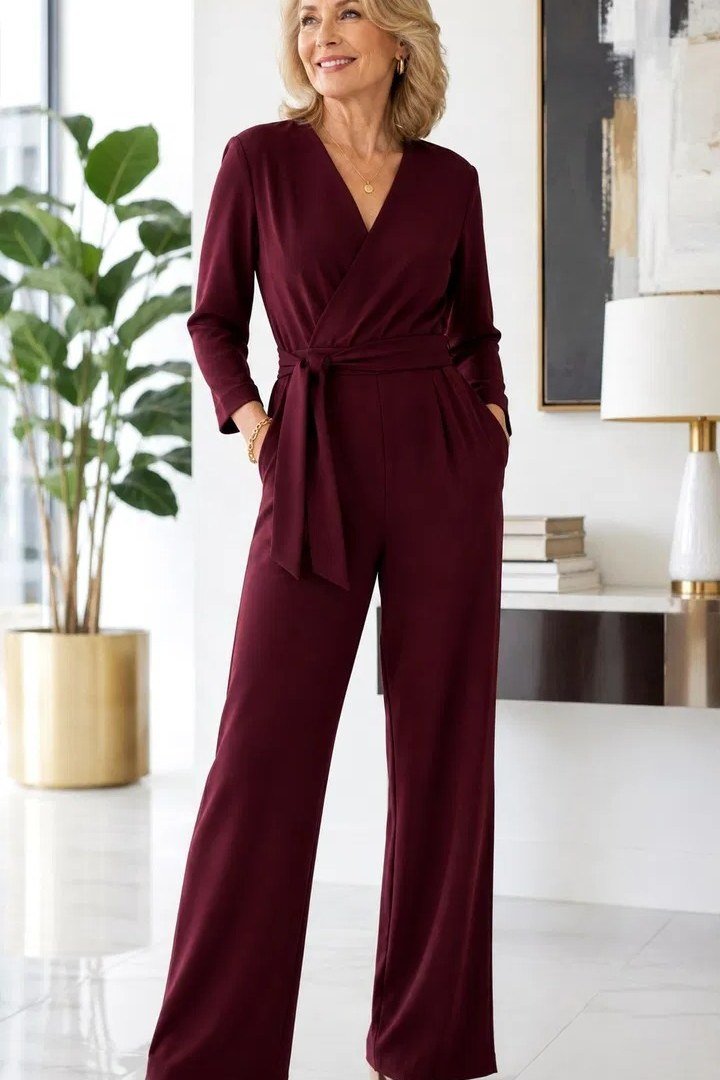 Burgundy wrap jumpsuit in an office