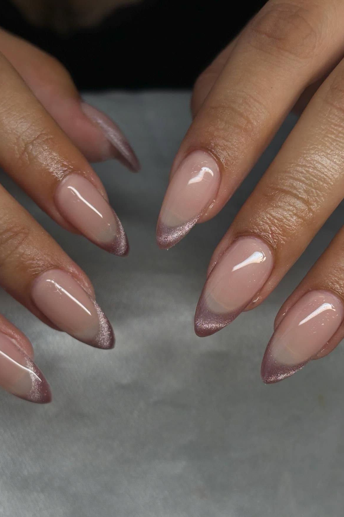 Mauve French Tips on Almond Nails, elegant mauve nail idea for women over 60