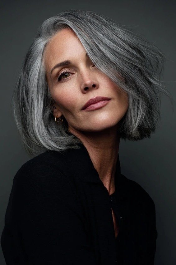 straight silver bob with shine, side view