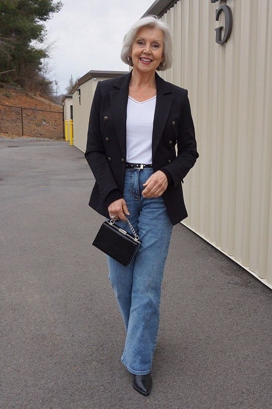 Black blazer with white tee and wide leg jeans for women over 60