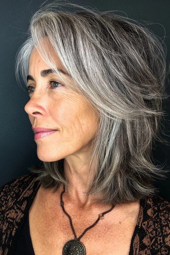 Grey layered lob, side view, woman in her 60s