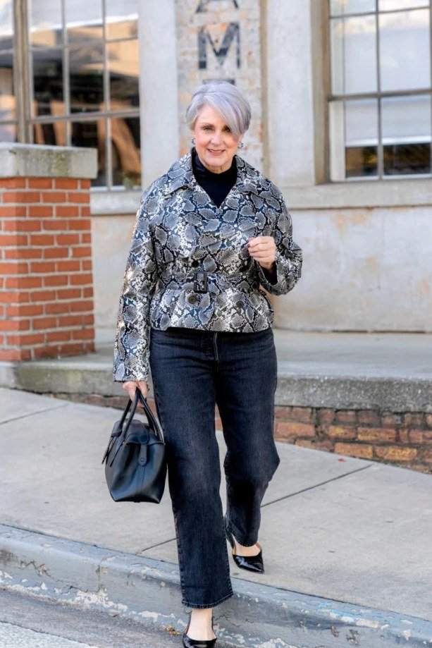 Printed Blouse With Dark Wide Jeans - flattering outfit idea for women over 50, how to dress better over 50