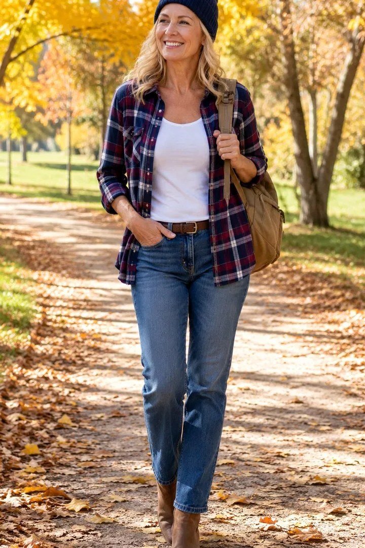 Easy casual outfit idea for women over 50: flannel shirt, jeans, and a beanie, older woman everyday style