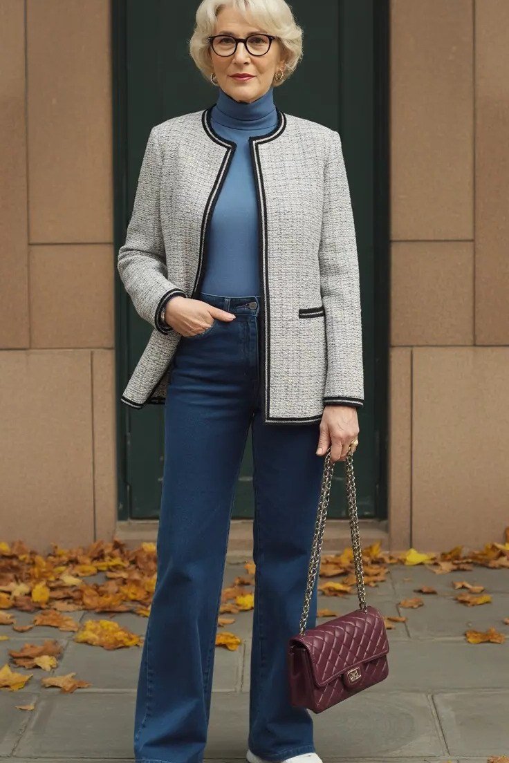 Older woman in gray tweed jacket with blue jeans