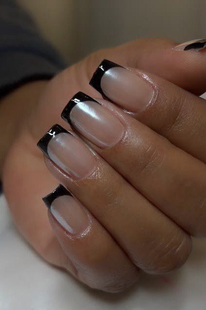 Black French Tips on Almond - elegant nail art idea for mature hands, women over 50