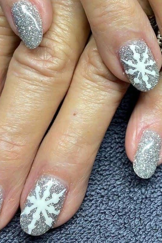 Silver Glitter Snowflake Almond Nails - silver glitter snowflake almond mature, glitter winter nail design for women over 60