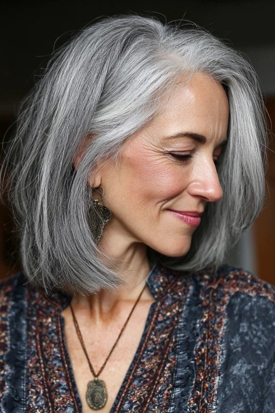straight silver lob for women over 50, side view
