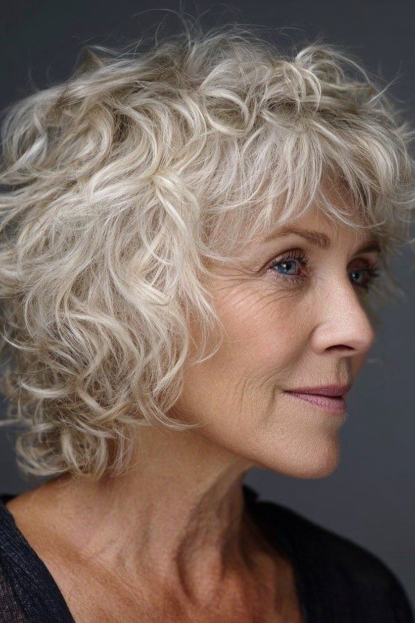 White curly bixie haircut front side view for women over 60