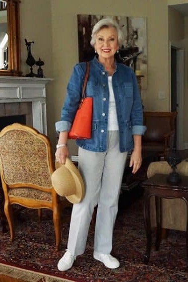 Denim Jacket with White Tee and Jeans, classic casual outfit for women over 70