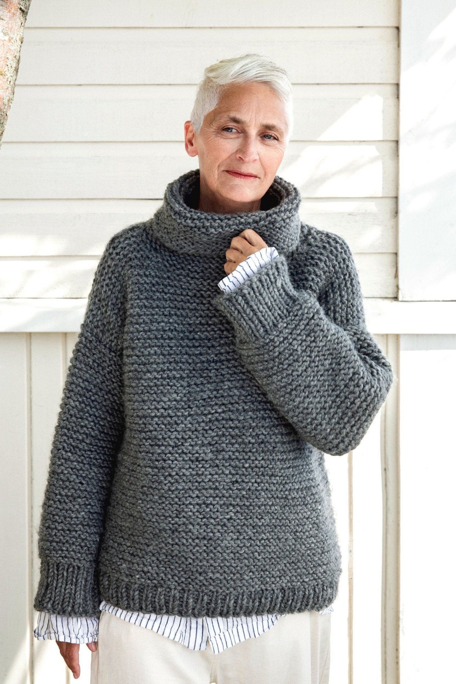 grey chunky turtleneck sweater striped shirt light trousers women over 50