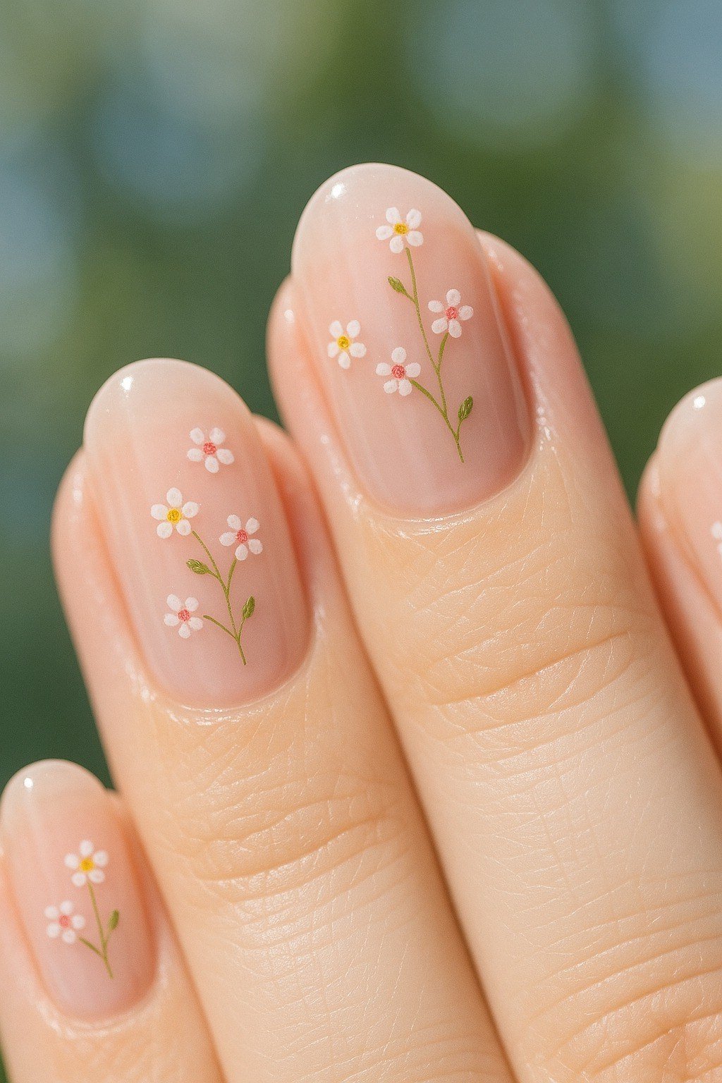 Tiny Pink and White Florals - nude nail art idea for women over 40