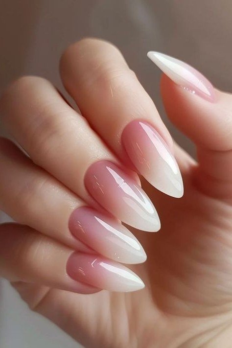 pink white baby boomer ombre on very long almond nails