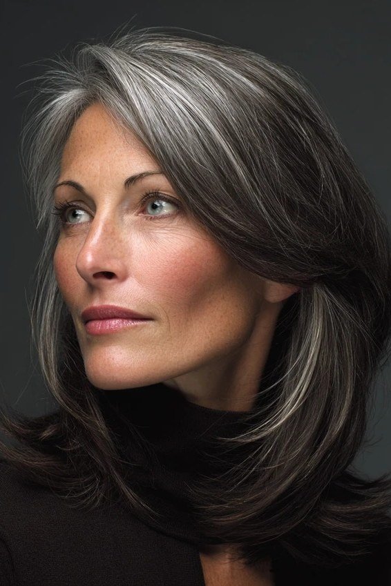 Dark Silver Layers with Extra Length, medium hairstyle for women over 70