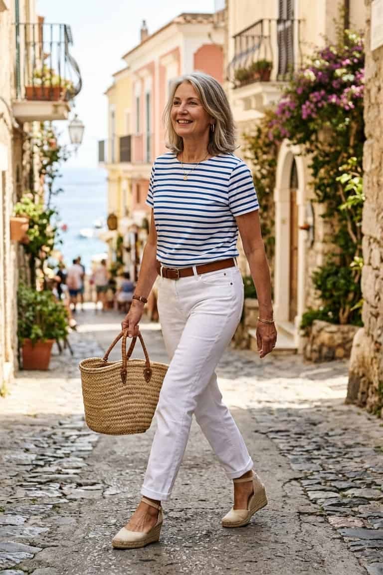 Woman over 50 wearing striped tee with white jeans and basket bag, everyday casual outfit idea