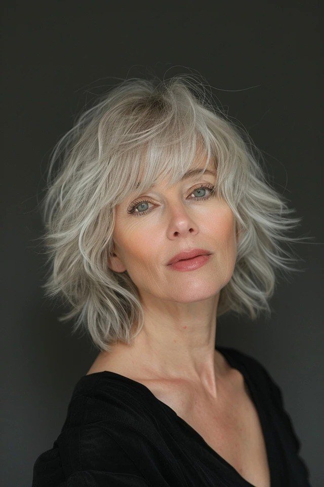 grey textured bob layered side-swept fringe - textured bob haircut idea for women over 60