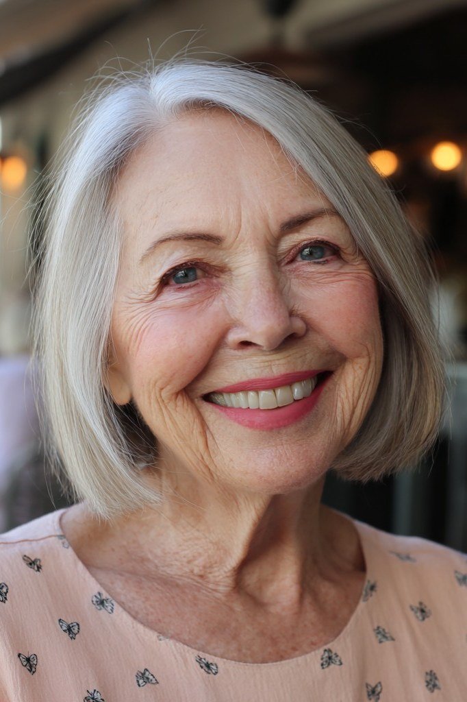 Silver Lob at the Outdoor Cafe - layered lob hairstyle for women over 60
