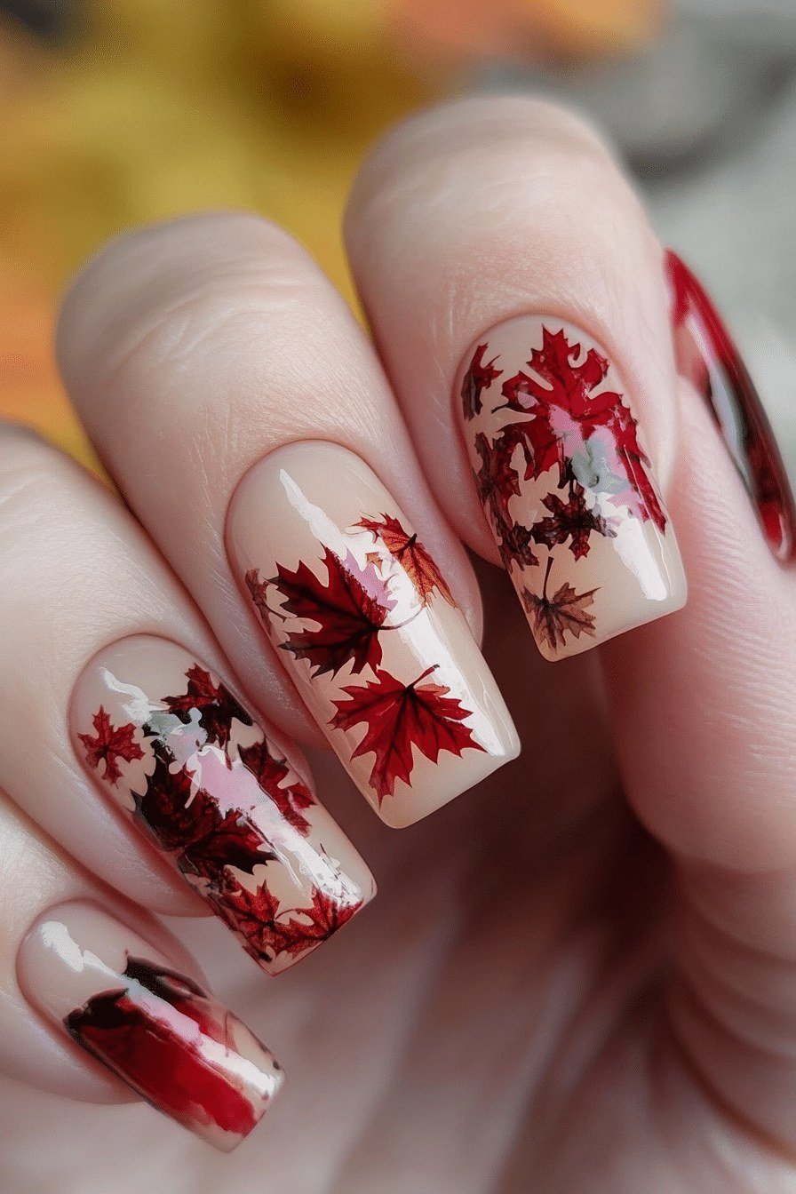 22. Nude Nails With Red Maple Leaf Accents - Thanksgiving nail art idea for women over 50