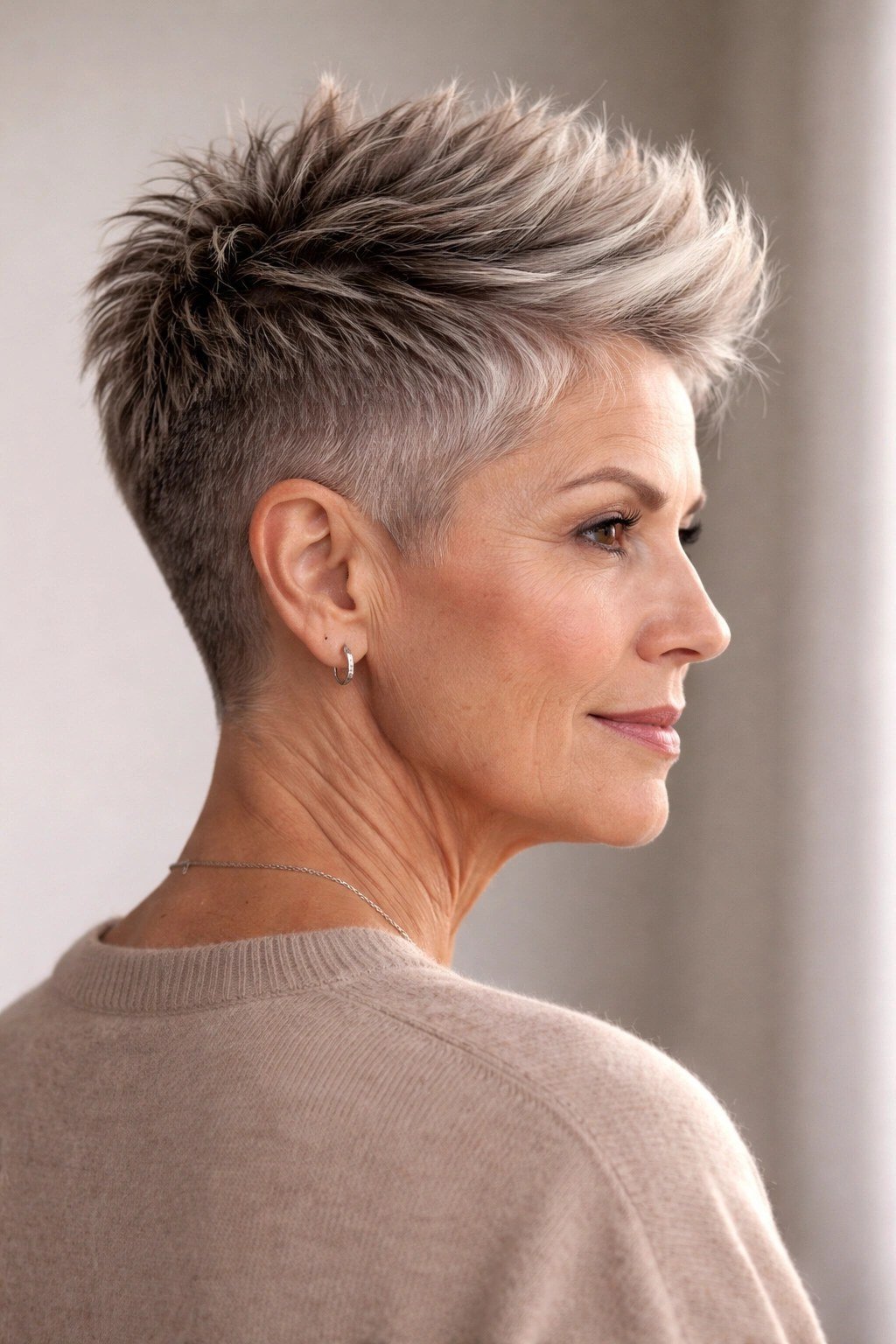 Grey Undercut Pixie, Side View - bold edgy pixie haircut for women over 50