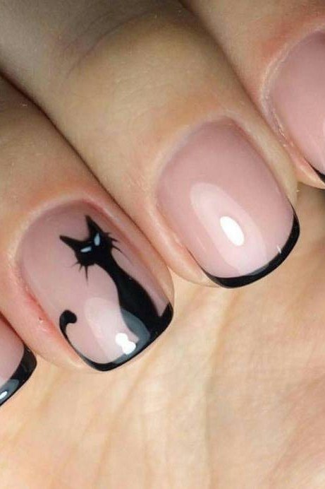 Black French With Cat Art - short nail design for women over 60 that makes nails look longer