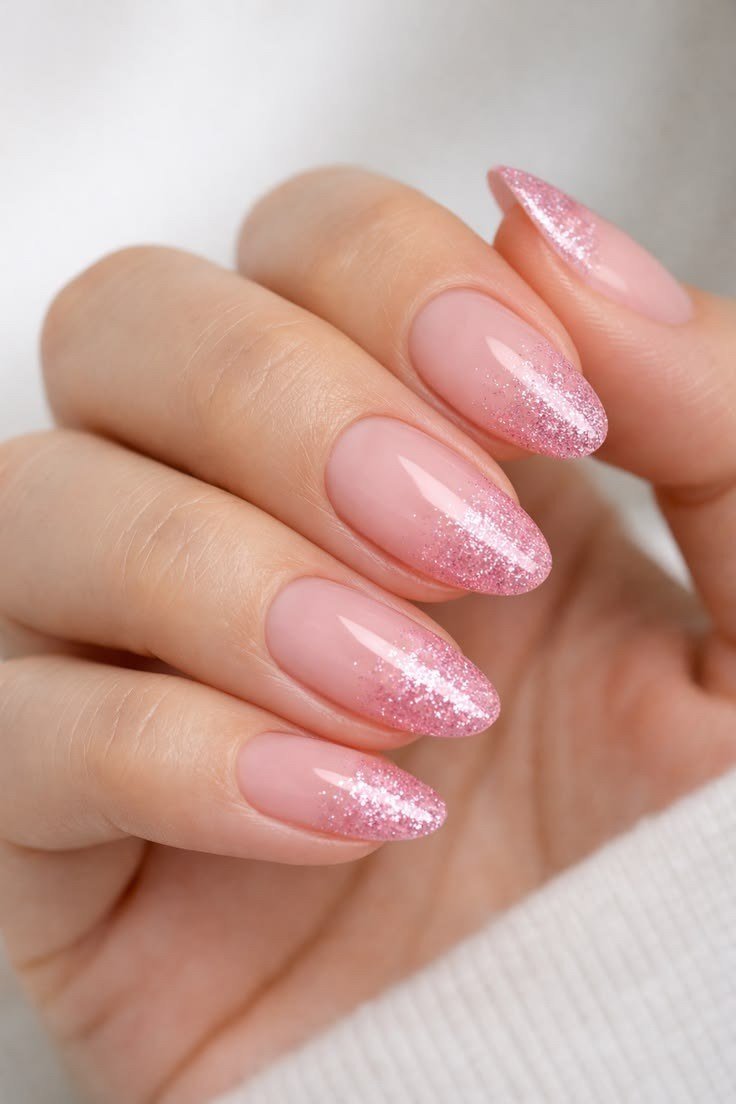 pink glitter ombre almond nails