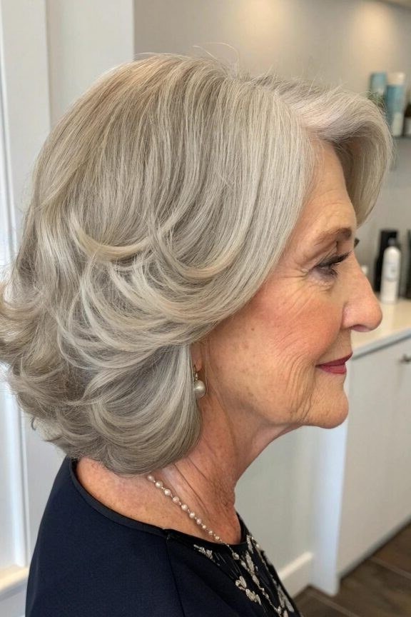 Blonde feathered medium cut with airy flipped layers for women over 60