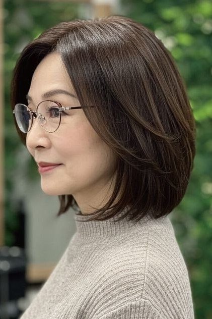 Dark Brown Layered Bob With Glasses for women over 60
