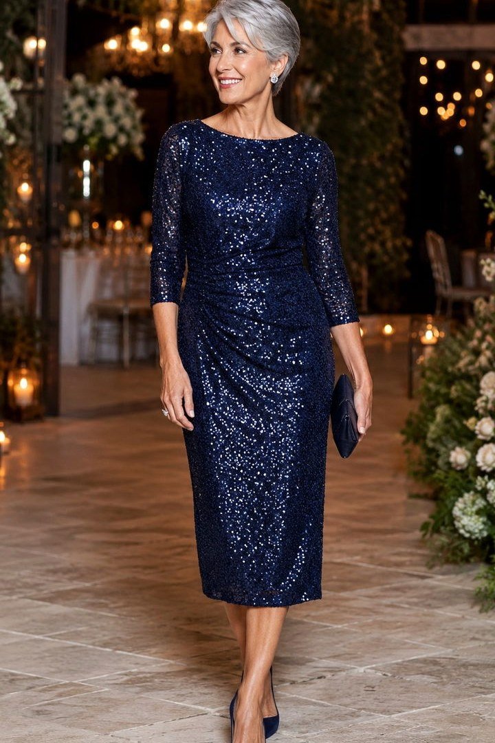 navy sequin three-quarter-sleeve midi dress