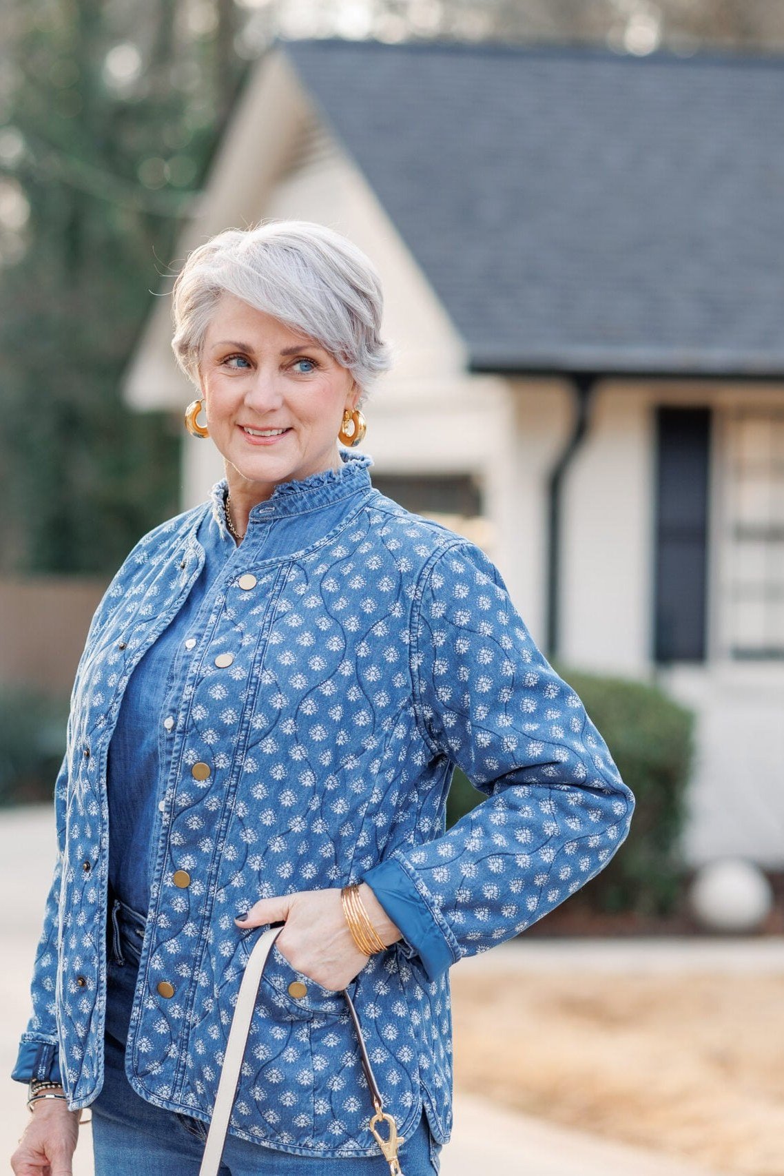 Blue Polka-Dot Jacket with Dark Jeans on a woman over 50, fall outfit idea