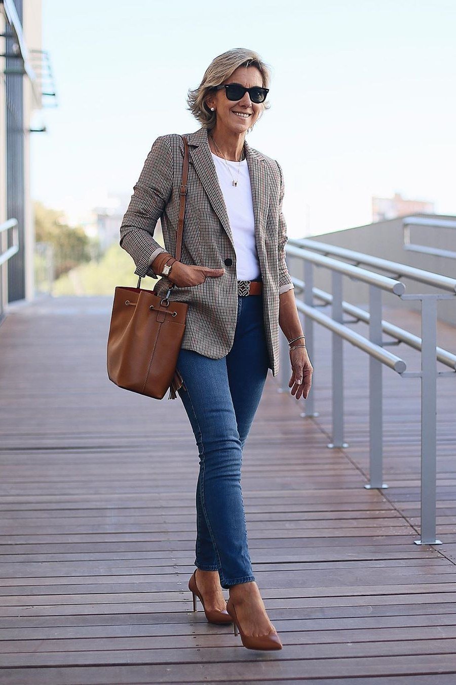 Gray blazer with white tee, jeans and tan tote, casual fall outfit for women over 50