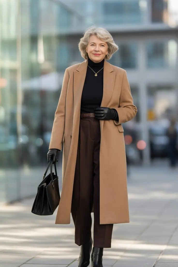 Camel midi coat with a brown turtleneck and trousers with a black bag for women over 50 at work
