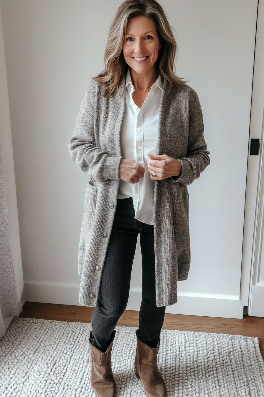 Long Grey Coat with White Shirt - fall outfit for women over 40