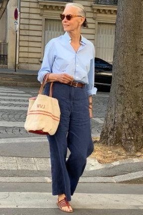 light blue button down navy trousers over 50
